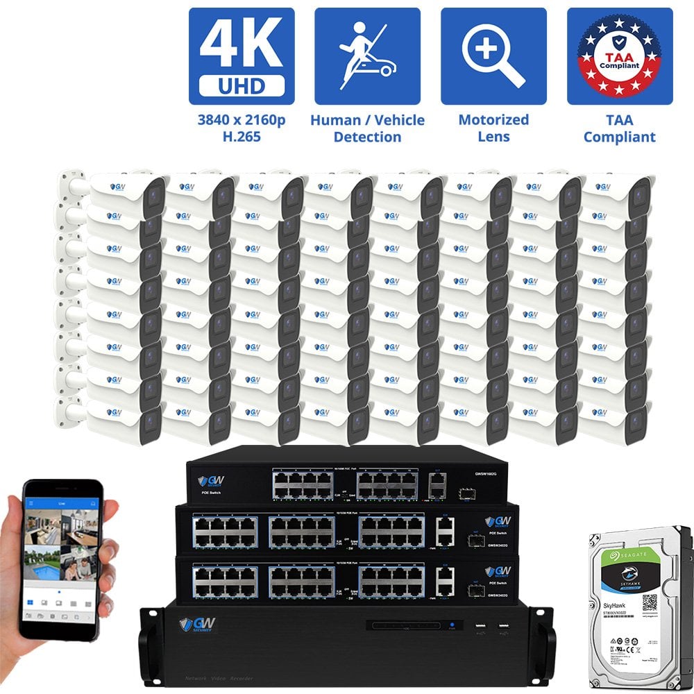 64 Channel NVR Security Camera System with 64 * 8MP IP 5X Optical Zoom 2.7-13.5mm Motorized Lens Bullet Security Camera, Human / Vehicle Detection, Smart AI Analytics, Built-In Microphone, PoE