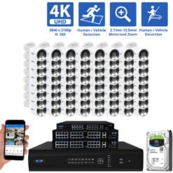 64 Channel NVR Security Camera System with 64 * 8MP IP Bullet 2.8mm Fixed Lens Camera, Human / Vehicle Detection, Built-In Microphone, PoE, White Light