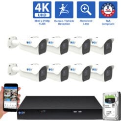8 Channel NVR Security Camera System with 8 * 8MP IP 5X Optical Zoom 2.7-13.5mm Motorized Lens Bullet Security Camera, Human / Vehicle Detection, Smart AI Analytics, Built-In Microphone, PoE,