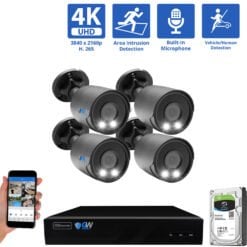 8 Channel NVR Security Camera System with 4 * 8MP IP Black Bullet 2.8mm Fixed Lens Camera, Human / Vehicle Detection, Built-In Microphone, PoE, White Light