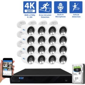 16 Channel NVR Security Camera System with 16 * 8MP IP Bullet 2.8mm Fixed Lens Camera, Human / Vehicle Detection, Built-In Microphone, PoE, White Light