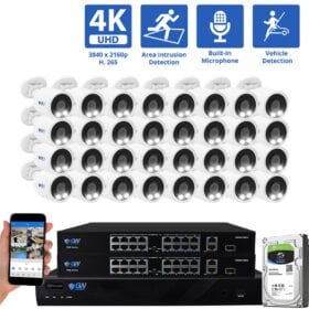 32 Channel NVR Security Camera System with 24 * 8MP IP Bullet 2.8mm Fixed Lens Camera, Human / Vehicle Detection, Built-In Microphone, PoE, White Light