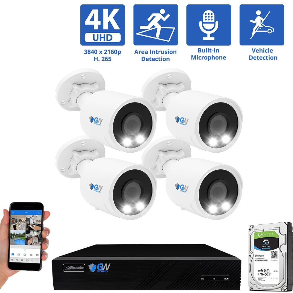 8 Channel NVR Security Camera System with 4 * 8MP IP Bullet 2.8mm Fixed Lens Camera, Human / Vehicle Detection, Built-In Microphone, PoE, White Light
