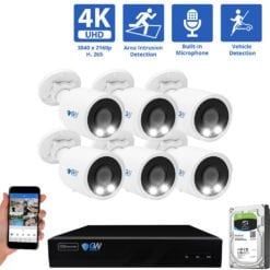 8 Channel NVR Security Camera System with 6 * 8MP IP Bullet 2.8mm Fixed Lens Camera, Human / Vehicle Detection, Built-In Microphone, PoE, White Light
