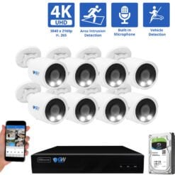 8 Channel NVR Security Camera System with 8 * 8MP IP Bullet 2.8mm Fixed Lens Camera, Human / Vehicle Detection, Built-In Microphone, PoE, White Light