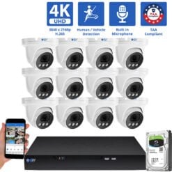 16 Channel NVR Security Camera System with 12 * 8MP 4K IP 2.8mm Fixed Lens Turret Security Camera, Human / Vehicle Detection, Smart AI Analytics, Built-In Microphone, PoE
