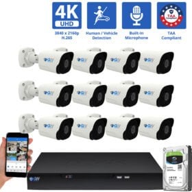 16 Channel NVR Security Camera System with 12 * 8MP 4K IP 2.8mm Fixed Lens Bullet Security Camera, Human / Vehicle Detection, Smart AI Analytics, Built-In Microphone, PoE