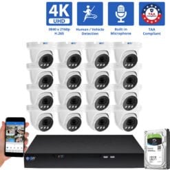 16 Channel NVR Security Camera System with 16 * 8MP 4K IP 2.8mm Fixed Lens Turret Security Camera, Human / Vehicle Detection, Smart AI Analytics, Built-In Microphone, PoE