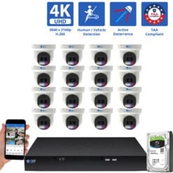 16 Channel NVR Security Camera System with 16 * 8MP 4K IP 2.8mm Fixed Lens Turret Security Camera, TAA Compliant, Active Deterrence, Human / Vehicle Detection, Smart AI Analytics, Two-Way Audio, PoE
