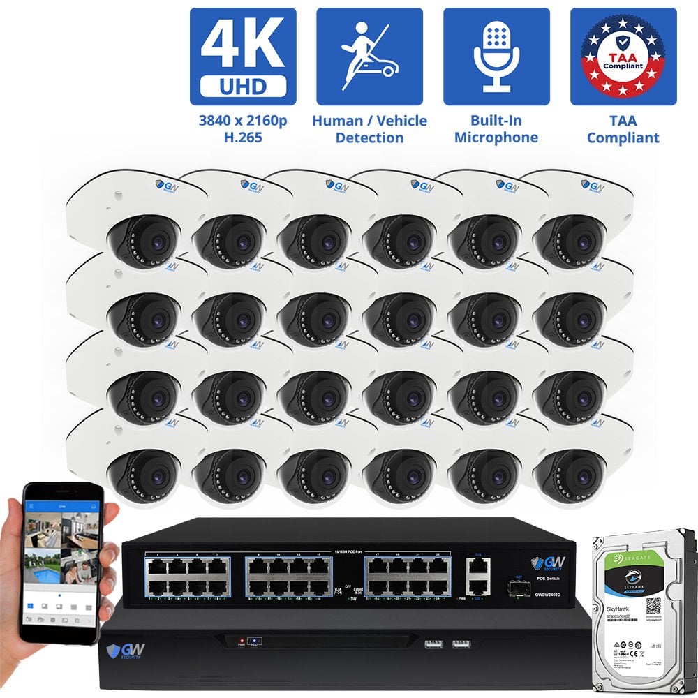 32 Channel NVR Security Camera System with 24 * 8MP 4K IP 2.8mm Fixed Lens Mini Dome Security Camera, Human / Vehicle Detection, Smart AI Analytics, Built-In Microphone, PoE