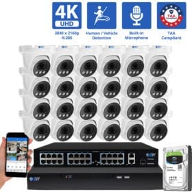 32 Channel NVR Security Camera System with 24 * 8MP 4K IP 2.8mm Fixed Lens Turret Security Camera, Human / Vehicle Detection, Smart AI Analytics, Built-In Microphone, PoE
