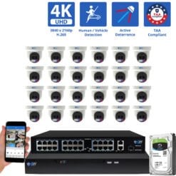 32 Channel NVR Security Camera System with 24 * 8MP 4K IP 2.8mm Fixed Lens Turret Security Camera, TAA Compliant, Active Deterrence, Human / Vehicle Detection, Smart AI Analytics, Two-Way Audio, PoE