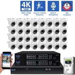 32 Channel NVR Security Camera System with 32 * 8MP 4K IP 2.8mm Fixed Lens Turret Security Camera, Human / Vehicle Detection, Smart AI Analytics, Built-In Microphone, PoE