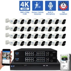 32 Channel NVR Security Camera System with 32 * 8MP 4K IP 2.8mm Fixed Lens Bullet Security Camera, Human / Vehicle Detection, Smart AI Analytics, Built-In Microphone, PoE