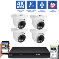 8 Channel NVR Security Camera System with 4 * 8MP 4K IP 2.8mm Fixed Lens Turret Security Camera, Human / Vehicle Detection, Smart AI Analytics, Built-In Microphone, PoE