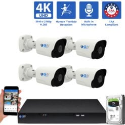 8 Channel NVR Security Camera System with 4 * 8MP 4K IP 2.8mm Fixed Lens Bullet Security Camera, Human / Vehicle Detection, Smart AI Analytics, Built-In Microphone, PoE