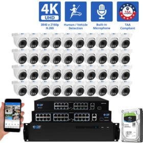 64 Channel NVR Security Camera System with 40 * 8MP 4K IP 2.8mm Fixed Lens Turret Security Camera, Human / Vehicle Detection, Smart AI Analytics, Built-In Microphone, PoE