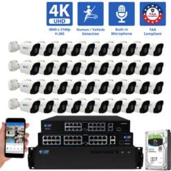 64 Channel NVR Security Camera System with 40 * 8MP 4K IP 2.8mm Fixed Lens Bullet Security Camera, Human / Vehicle Detection, Smart AI Analytics, Built-In Microphone, PoE