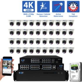 64 Channel NVR Security Camera System with 40 * 8MP 4K IP 2.8mm Fixed Lens Turret Security Camera, TAA Compliant, Active Deterrence, Human / Vehicle Detection, Smart AI Analytics, Two-Way Audio, PoE