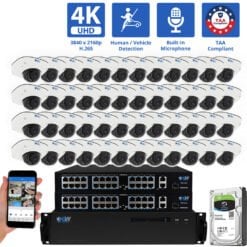 64 Channel NVR Security Camera System with 48 * 8MP 4K IP 2.8mm Fixed Lens Mini Dome Security Camera, Human / Vehicle Detection, Smart AI Analytics, Built-In Microphone, PoE