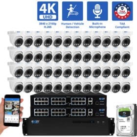 64 Channel NVR Security Camera System with 48 * 12MP 6K IP 2.8mm Fixed Lens Turret Security Camera, Human / Vehicle Detection, Smart AI Analytics, Built-In Microphone, PoE