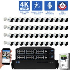 64 Channel NVR Security Camera System with 48 * 8MP 4K IP 2.8mm Fixed Lens Bullet Security Camera, Human / Vehicle Detection, Smart AI Analytics, Built-In Microphone, PoE