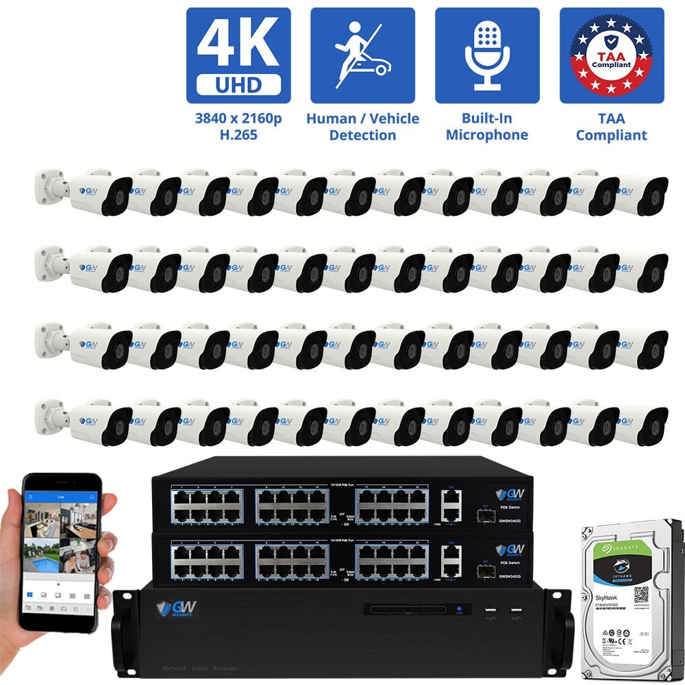 64 Channel NVR Security Camera System with 48 * 8MP 4K IP 2.8mm Fixed Lens Bullet Security Camera, Human / Vehicle Detection, Smart AI Analytics, Built-In Microphone, PoE
