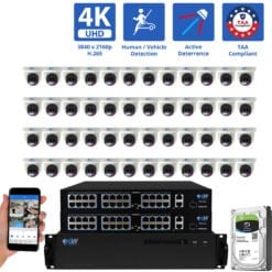 64 Channel NVR Security Camera System with 48 * 8MP 4K IP 2.8mm Fixed Lens Turret Security Camera, TAA Compliant, Active Deterrence, Human / Vehicle Detection, Smart AI Analytics, Two-Way Audio, PoE