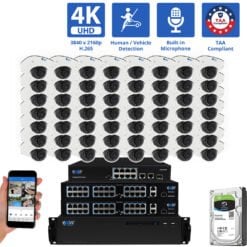 64 Channel NVR Security Camera System with 56 * 8MP 4K IP 2.8mm Fixed Lens Mini Dome Security Camera, Human / Vehicle Detection, Smart AI Analytics, Built-In Microphone, PoE