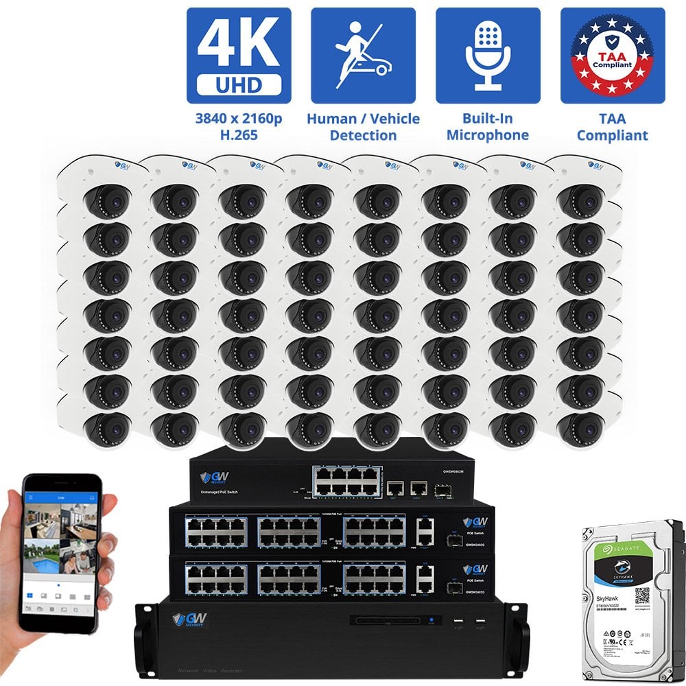 64 Channel NVR Security Camera System with 56 * 8MP 4K IP 2.8mm Fixed Lens Mini Dome Security Camera, Human / Vehicle Detection, Smart AI Analytics, Built-In Microphone, PoE