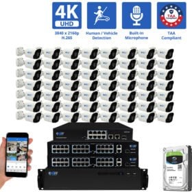 64 Channel NVR Security Camera System with 56 * 8MP 4K IP 2.8mm Fixed Lens Bullet Security Camera, Human / Vehicle Detection, Smart AI Analytics, Built-In Microphone, PoE