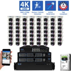 64 Channel NVR Security Camera System with 56 * 8MP 4K IP 2.8mm Fixed Lens Turret Security Camera, TAA Compliant, Active Deterrence, Human / Vehicle Detection, Smart AI Analytics, Two-Way Audio, PoE