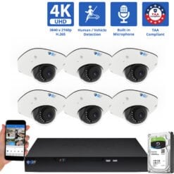 8 Channel NVR Security Camera System with 6 * 8MP 4K IP 2.8mm Fixed Lens Mini Dome Security Camera, Human / Vehicle Detection, Smart AI Analytics, Built-In Microphone, PoE