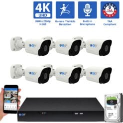 8 Channel NVR Security Camera System with 6 * 8MP 4K IP 2.8mm Fixed Lens Bullet Security Camera, Human / Vehicle Detection, Smart AI Analytics, Built-In Microphone, PoE