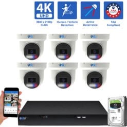 8 Channel NVR Security Camera System with 6 * 8MP 4K IP 2.8mm Fixed Lens Turret Security Camera, TAA Compliant, Active Deterrence, Human / Vehicle Detection, Smart AI Analytics, Two-Way Audio, PoE