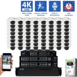 64 Channel NVR Security Camera System with 64 * 8MP 4K IP 2.8mm Fixed Lens Mini Dome Security Camera, Human / Vehicle Detection, Smart AI Analytics, Built-In Microphone, PoE