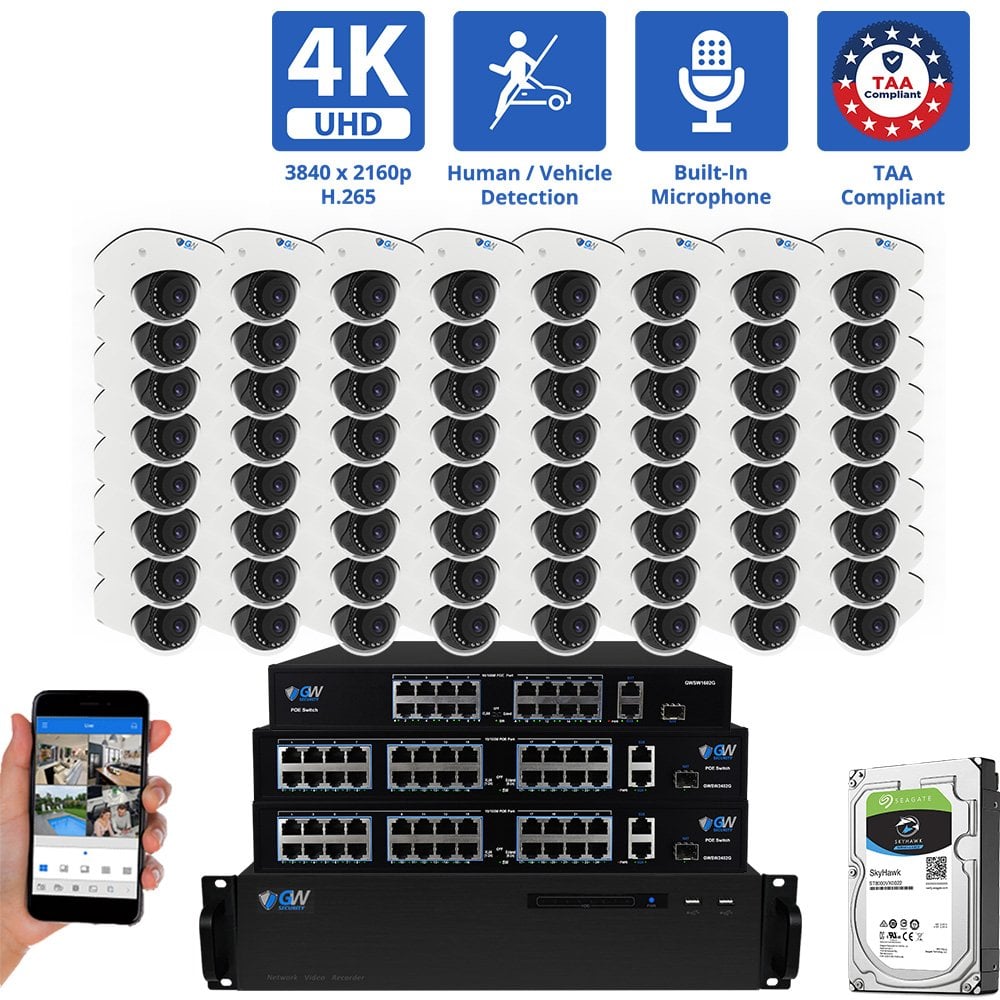 64 Channel NVR Security Camera System with 64 * 8MP 4K IP 2.8mm Fixed Lens Mini Dome Security Camera, Human / Vehicle Detection, Smart AI Analytics, Built-In Microphone, PoE