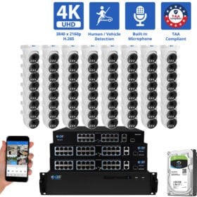 64 Channel NVR Security Camera System with 64 * 8MP 4K IP 2.8mm Fixed Lens Turret Security Camera, Human / Vehicle Detection, Smart AI Analytics, Built-In Microphone, PoE