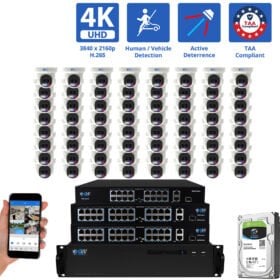 64 Channel NVR Security Camera System with 64 * 8MP 4K IP 2.8mm Fixed Lens Turret Security Camera, TAA Compliant, Active Deterrence, Human / Vehicle Detection, Smart AI Analytics, Two-Way Audio, PoE