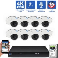 8 Channel NVR Security Camera System with 8 * 8MP 4K IP 2.8mm Fixed Lens Mini Dome Security Camera, Human / Vehicle Detection, Smart AI Analytics, Built-In Microphone, PoE