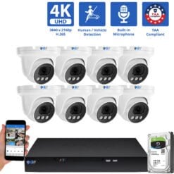 8 Channel NVR Security Camera System with 8 * 8MP 4K IP 2.8mm Fixed Lens Turret Security Camera, Human / Vehicle Detection, Smart AI Analytics, Built-In Microphone, PoE