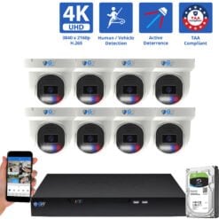 8 Channel NVR Security Camera System with 8 * 8MP 4K IP 2.8mm Fixed Lens Turret Security Camera, TAA Compliant, Active Deterrence, Human / Vehicle Detection, Smart AI Analytics, Two-Way Audio, PoE