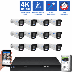 16 Channel NVR Security Camera System with 12 * 8MP 4K IP 2.8mm Fixed Lens Bullet Security Camera, TAA Compliant, Active Deterrence, Human / Vehicle Detection, Smart AI Analytics, Two-Way Audio, PoE