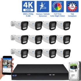 16 Channel NVR Security Camera System with 12 * 8MP 4K IP 4mm Fixed Lens Bullet Security Camera, TAA Compliance, Full-Time Color Night Vision, Two-Way Audio,  Human / Vehicle Detection,  Face Recognition, Smart AI Analytics, PoE