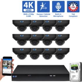 16 Channel NVR Security Camera System with 12 * 8MP 4K IP 2.8mm Fixed Lens Mini Black Dome Security Camera, Human / Vehicle Detection, Smart AI Analytics, Built-In Microphone, PoE