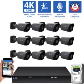 16 Channel NVR Security Camera System with 12 * 8MP 4K IP 2.8mm Fixed Lens Black Bullet Security Camera, Human / Vehicle Detection, Smart AI Analytics, Built-In Microphone, PoE