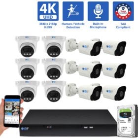 16 Channel NVR Security Camera System with 6 * 8MP 4K IP 2.8mm Fixed Lens Turret Security Camera, 6 * 8MP 4K IP 2.8mm Fixed Lens Bullet Security Camera, Human / Vehicle Detection, Smart AI Analytics, Built-In Microphone, PoE