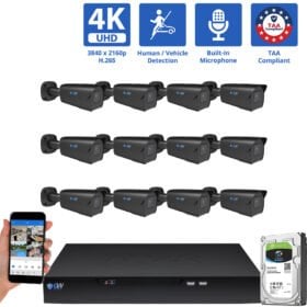 16 Channel NVR Security Camera System with 12 * 8MP IP 5X Optical Zoom 2.7-13.5mm Motorized Lens Black Bullet Security Camera, Human / Vehicle Detection, Smart AI Analytics, Built-In Microphone, PoE