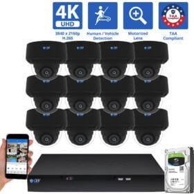 16 Channel NVR Security Camera System with 12 * 8MP 4K POE 5X Optical Zoom 2.7-13.5mm Motorized Lens Black Dome Security Camera, TAA Compliant, Human / Vehicle Detection, Face Recognition, Smart AI Analytics, Built-In Mic
