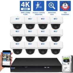 16 Channel NVR Security Camera System with 12 * 8MP 4K POE 5X Optical Zoom 2.7-13.5mm Motorized Lens Dome Security Camera, TAA Compliant, Human / Vehicle Detection, Face Recognition, Smart AI Analytics, Built-In Mic